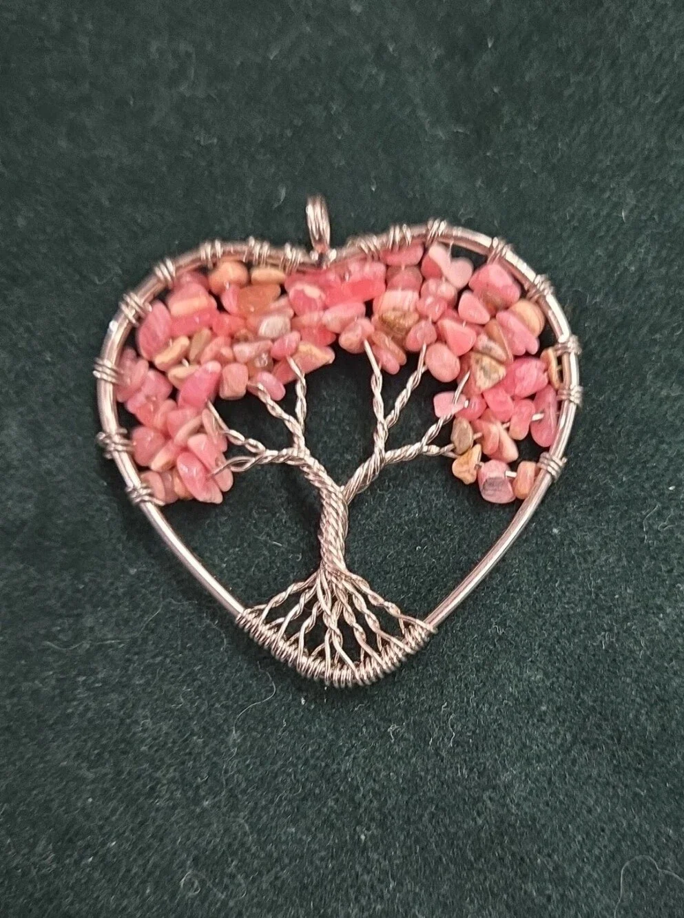 Handmade Heart Tree of Life Pendant in Pink Chip Beads